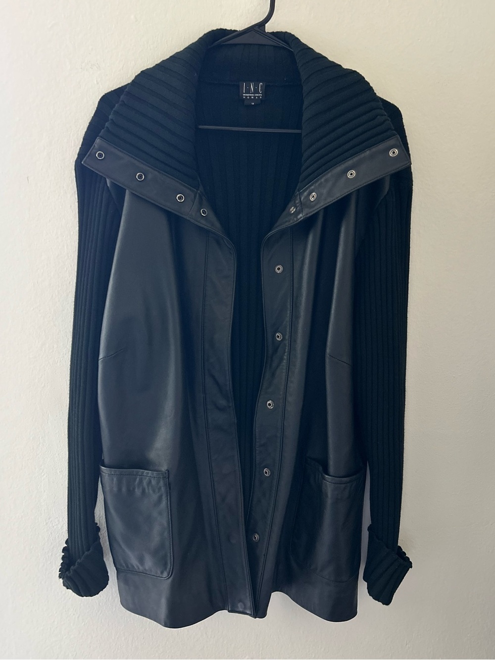 INC Vintage Black Knit 100% Leather Cotton Jacket 1X Minimalist 90’s Clean Girl